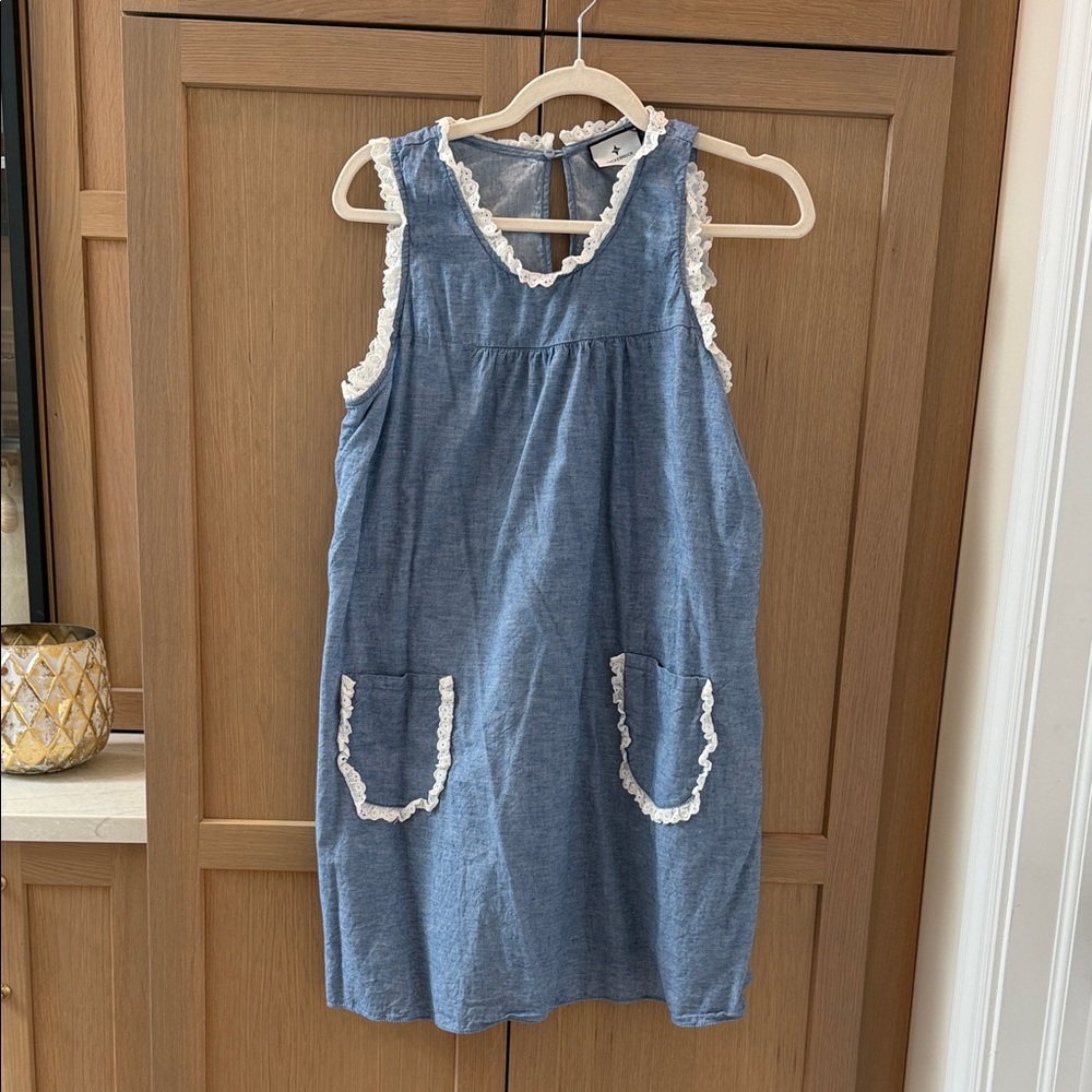 Tuckernuck Blue Sleeveless Shift Dress with White Lace Trim
